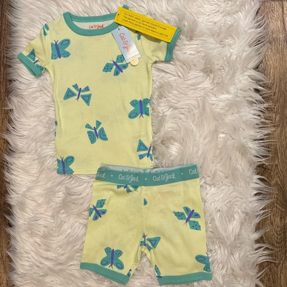 Cat &‎ Jack Girls 4 Butterfly Pajama Set Yellow Green Short Sleeve Shorts NWT
